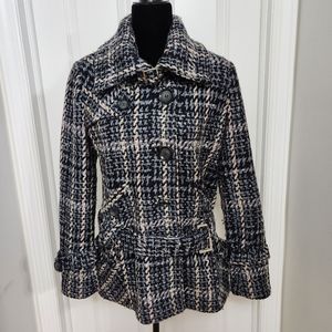 Moda International Pink, Blue and Black Houndstooth Wool Blend Belted Coat